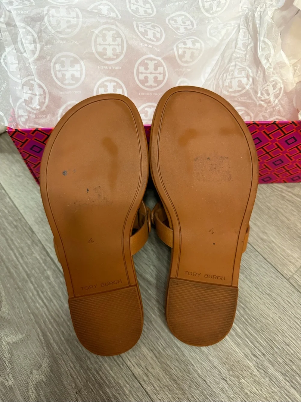 Tory Burch Leather Logo Slide Sandals — Cognac Brown